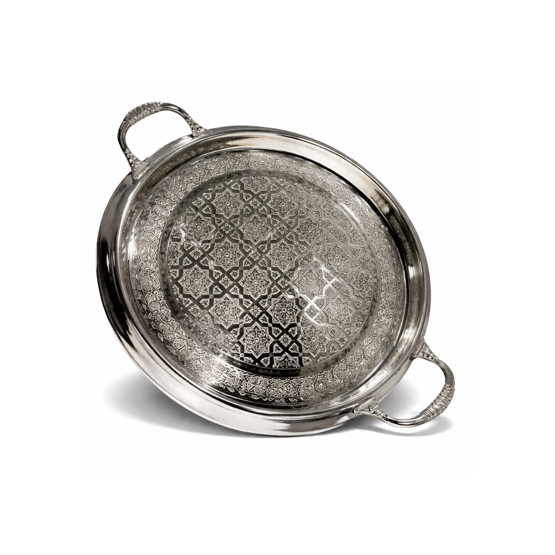 Plateau Marocain Artisanal – Finition Argentée Gravée